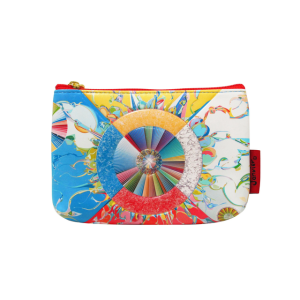 Morning Star coin purse featuring Alex Janvier’s circular mural artwork in vivid red, blue, yellow, and white. Compact zippered pouch with red zipper.